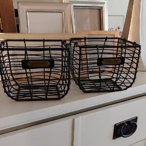 (2)Hearth & Hand Magnolia NEW Black Wire Baskets W Pretty Metal Tag